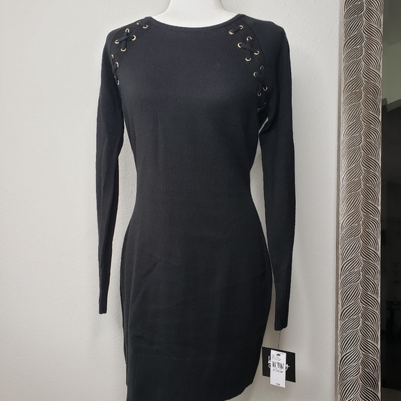 Juniors' Laced Grommet-Trim Sweater Dress - Picture 9 of 11
